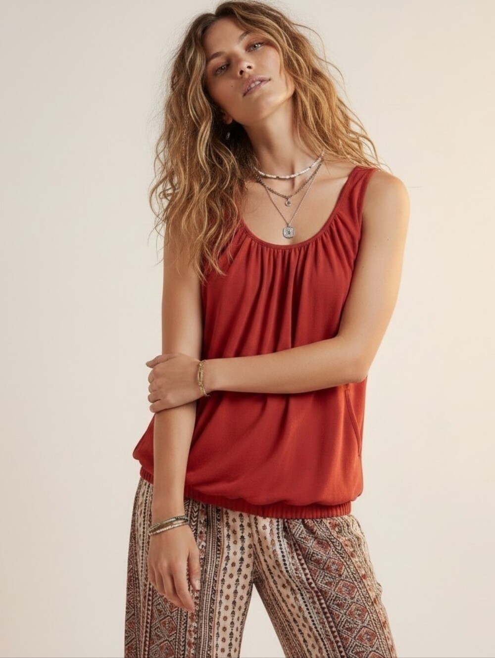 100% Modal The Limited Sleeveless Red Boho Top With Pockets, Elastic Hem, EUC XS - Picture 4 of 16